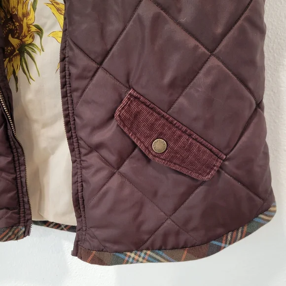 Cabi Brown Quilted Vest Womens L Faux Fur Collar Corduroy Plaid Sunflower Lining - Picture 5 of 5